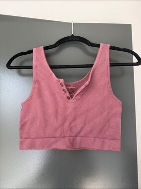 Ribbed Henley Crop Tank Top - Dusty Rose